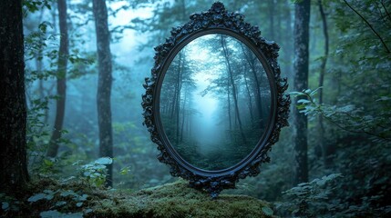 Obraz premium Enigmatic Reflection in a Vintage Mirror Surrounded by Mystical Forest Fog, Capturing the Essence of Nature's Serene Beauty and Intrigue