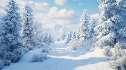 Pristine snowy landscape with tall evergreen trees blanketed in fresh snow, featuring a serene path and distant mountains under a clear blue sky.