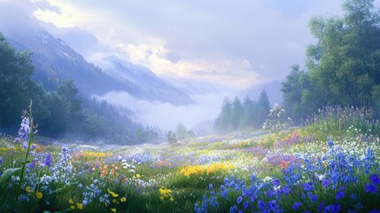 Expansive meadow filled with vibrant spring flowers, enveloped in gentle morning mist, framed by distant mountains and lush greenery
