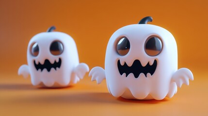 Obraz premium Cute 3D Cartoon Ghost Characters with Big Eyes and Toothless Grins on Orange Background, Perfect for Halloween Decorations and Spooky Themes