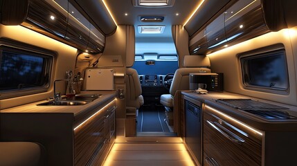 Sleek and modern interior of a luxury camper van showcasing warm ambient lighting.