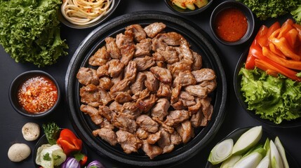 Obraz premium Generous Portions of Grilled Meat Surrounded by Fresh Vegetables and Dipping Sauces on a Dark Wooden Surface for a Lively Dining Experience