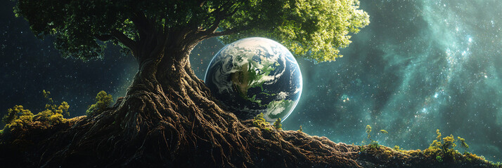 Huge Tree Roots Wrapping Around a Floating Planet, Symbolizing Natures Grasp on Earth 