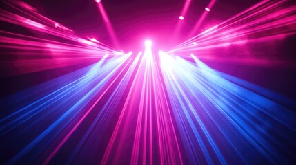 Dynamic laser beams in vibrant pink and blue hues create an electrifying atmosphere at a concert, enhancing audience excitement and engagement.