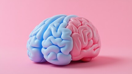 3D illustration of a colorful human brain split into pink and blue hemispheres against a soft gradient background of pink and purple hues.