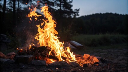 A close-up view of a campfire, showcasing vibrant flames dancing against a dark background.
