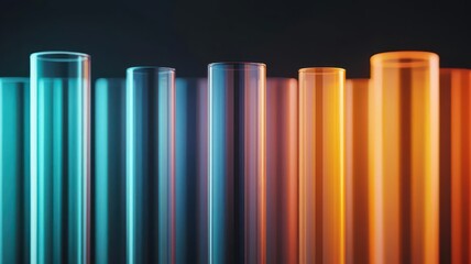 Obraz premium Abstract closeup of multiple glass test tubes with various colors, each one halffilled and glowing softly, 3D illustration
