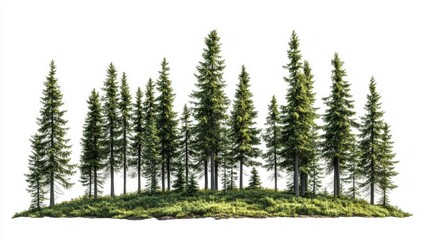 Lush Green Pine Forest Isolated on White Background, Perfect for Nature Themes, Landscape Design, and Eco-Friendly Projects, Showcasing Tall Evergreen Trees and Vibrant Foliage