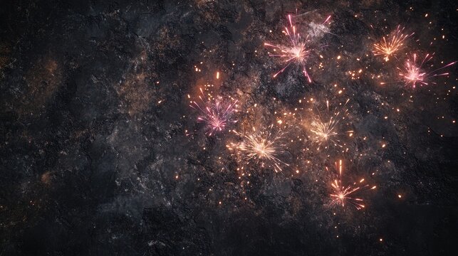 Panoramic view of vibrant fireworks bursting against a rustic dark stone background, perfect for New Year celebration banners and personalized text.