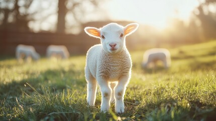 Obraz premium A Lamb Standing in a Field of Grass