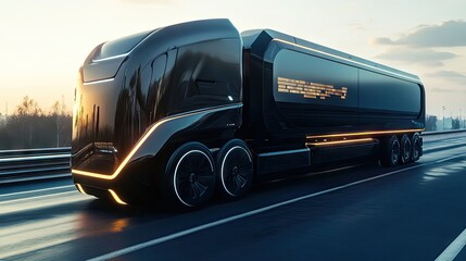 Futuristic black truck with illuminated features gliding on a highway at sunset.