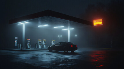 Lone Car Parked in an Isolated Gas Station at Midnight, with the Driver Cloaked in Darkness, Depicting an Ominous Ambiance 