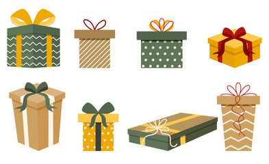 Gift boxes in green, yellow, and brown colors in Vector Illustration