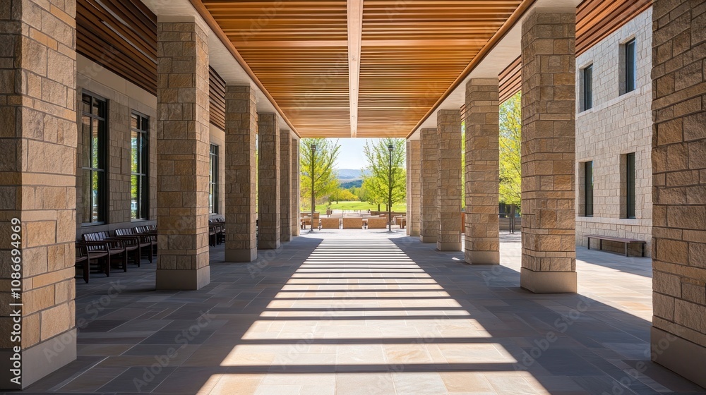 Poster a modern architectural corridor with stone columns and natural light highlighting a serene view.