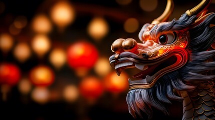 Fototapeta premium Nighttime dragon dance performance beneath glowing red lanterns on a festive street