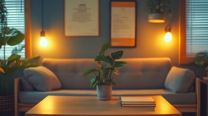 A cozy living room featuring a soft sofa, a coffee table with a plant, and warm lighting, creating a serene and inviting atmosphere