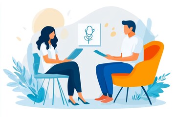 A modern illustration showing a woman and a man engaged in conversation, using tablets, in a cozy setting with plants and artwork