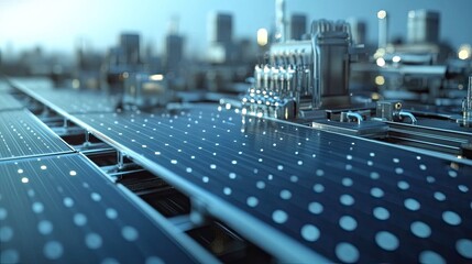 Fototapeta premium A detailed close-up of solar panels reflecting light, showcasing modern renewable energy technology in a city setting.