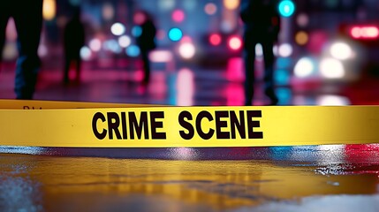 yellow tape with "CRIME SCENE" text across the foreground, indicating a restricted area under investigation. night