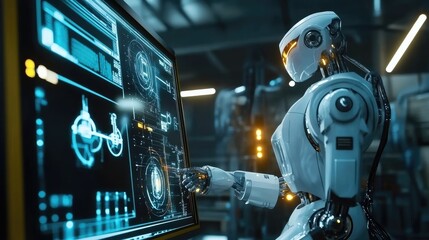 Fototapeta premium A futuristic humanoid robot interacting with a holographic display in a modern tech environment.