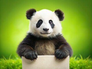 Fototapeta premium Cute panda cub with blank sign, ready for your message.