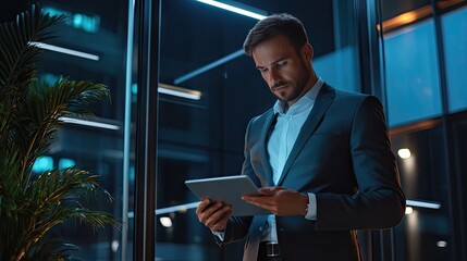 Fototapeta premium A focused Caucasian male in a suit, utilizing a tablet in a modern office at night, surrounded by city lights.