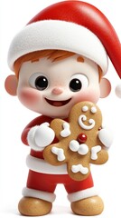 Fototapeta premium Adorable 3D Rendered Boy in Santa Hat Holding Gingerbread Man Cookie