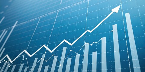 Naklejka premium Abstract financial graph with uptrend line and arrows in stock market on blue color background, stock market, economic data, abstract art, stock trading