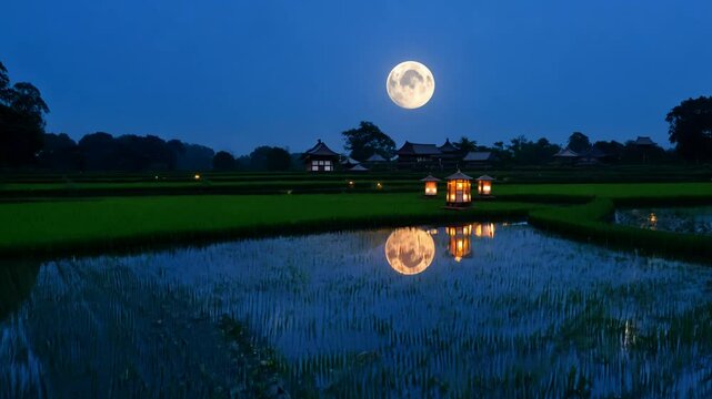 Tranquil rice field under a full moon, zoom out camera movement, moonlit night, establishing wide video.
