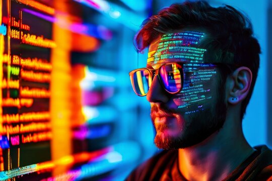 a programmer with vibrant code snippets reflected on their glass