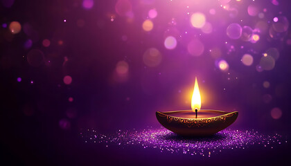 lit traditional diwali diya oil lamp on purple bokeh background festive lights hindu cultural celebration copy space for text