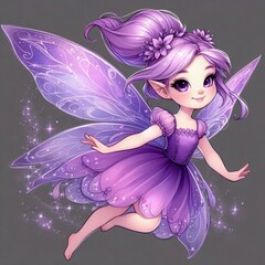 A whimsical purple fairy with shimmering wings, floral hair accessories, and a flowing dress, radiating magic and grace against a neutral background.  AI generated.
