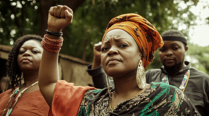 Woman raising fist in empowering gesture during outdoor gathering