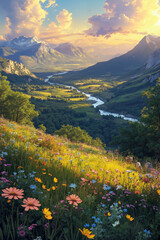 A field of wildflowers in front of a mountain range with a river running through it