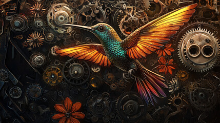 Obraz premium Mechanical hummingbird with glowing wings, flying through a steampunk garden of gears and metal flowers. 