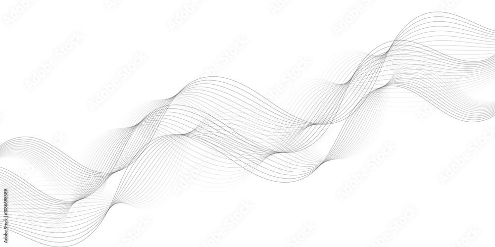 Poster Abstract grey, white smooth element swoosh speed wave modern stream background. Wave with lines created using blend tool. Abstract frequency sound wave lines and twisted curve lines background.	
