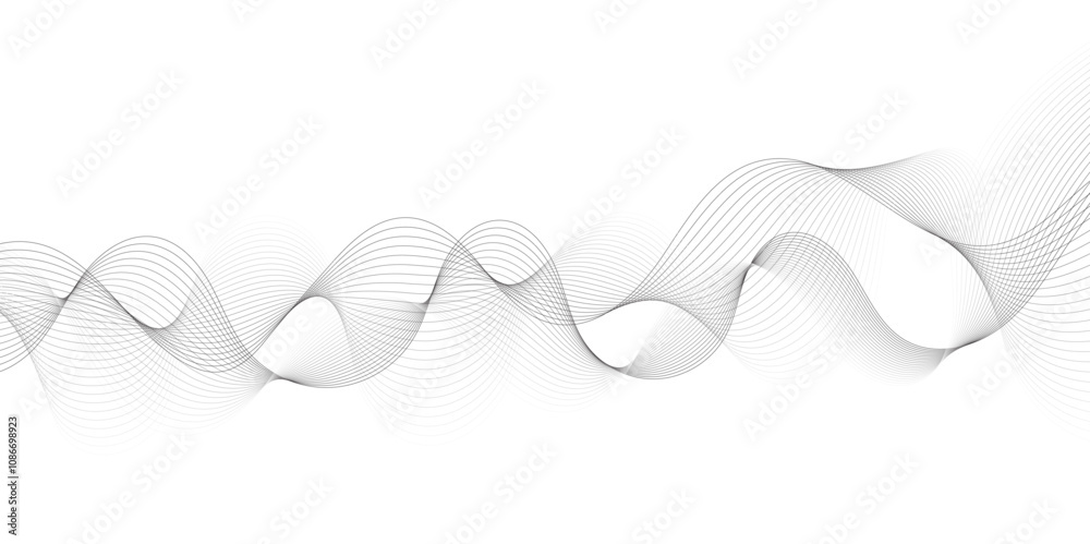 Poster Abstract wavy technology curve lines on transparent background. Wave with lines created using blend tool. Curved wavy line, smooth stripe, abstract wave line use for brochure, banner, template bg.	