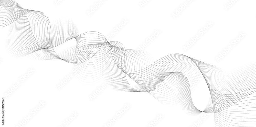 Poster Abstract wavy technology curve lines on transparent background. Wave with lines created using blend tool. Curved wavy line, smooth stripe, abstract wave line use for brochure, banner, template bg.	