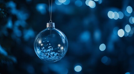 Fototapeta premium Hanging transparent Christmas ornament against blue bokeh background
