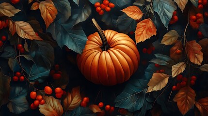 Pumpkin Amidst Autumn Leaves and Berries - Digital Illustration AI Generated