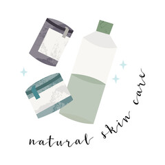 Mineral cosmetics. Natural skin care. Organic cruelty-free cosmetics. Vegan makeup. Herbal beauty products for face and body care. Eco friendly lifestyle. Vector flat cartoon illustration