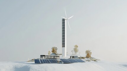 Fototapeta premium Modern Renewable Energy Facility Featuring Wind Turbine and Solar Panels on Snow-Covered Landscape with Minimalist Architecture