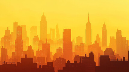 Fototapeta premium stunning panoramic view of city skyline at sunset, showcasing silhouettes of skyscrapers against vibrant yellow orange sky. scene evokes sense of tranquility and awe