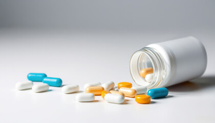 medicine bottle and pills on table