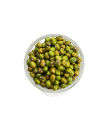 Top view, dried beans, small green mung bean (Vigna radiata) in glass bowl, isolated on transparen png.