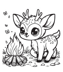 Coloring page design deer campfire 