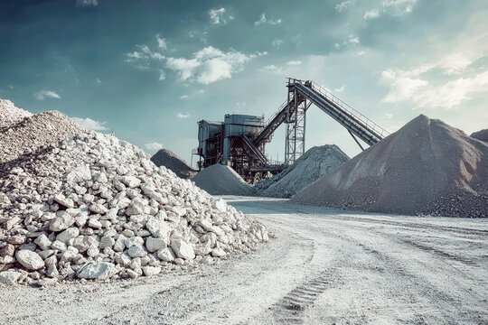 Industrial gravel and stone extraction plant with large piles and sorting equipment under a dramatic sky