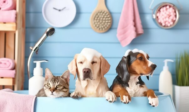 Pets Enjoying a Bath Together in a Cozy Bathroom