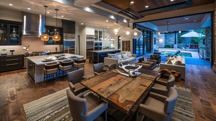 Modern Kitchen and Dining Room with Pool View