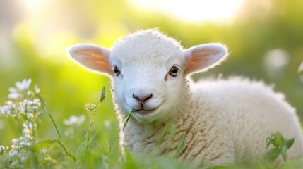 Fototapeta premium Cute Lamb Grazing in a Sunny Meadow